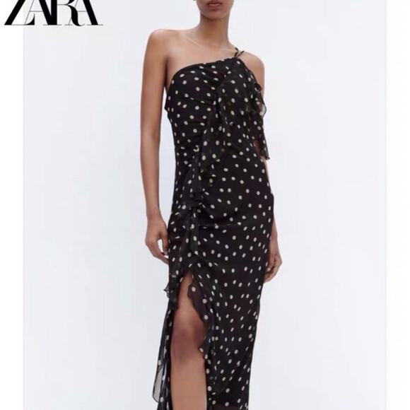 Zara Black Polka Dot One-Shoulder Dress - Size M - Picture 1 of 6
